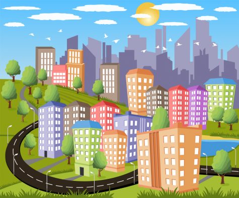Cartoon illustration of a colorful modern city