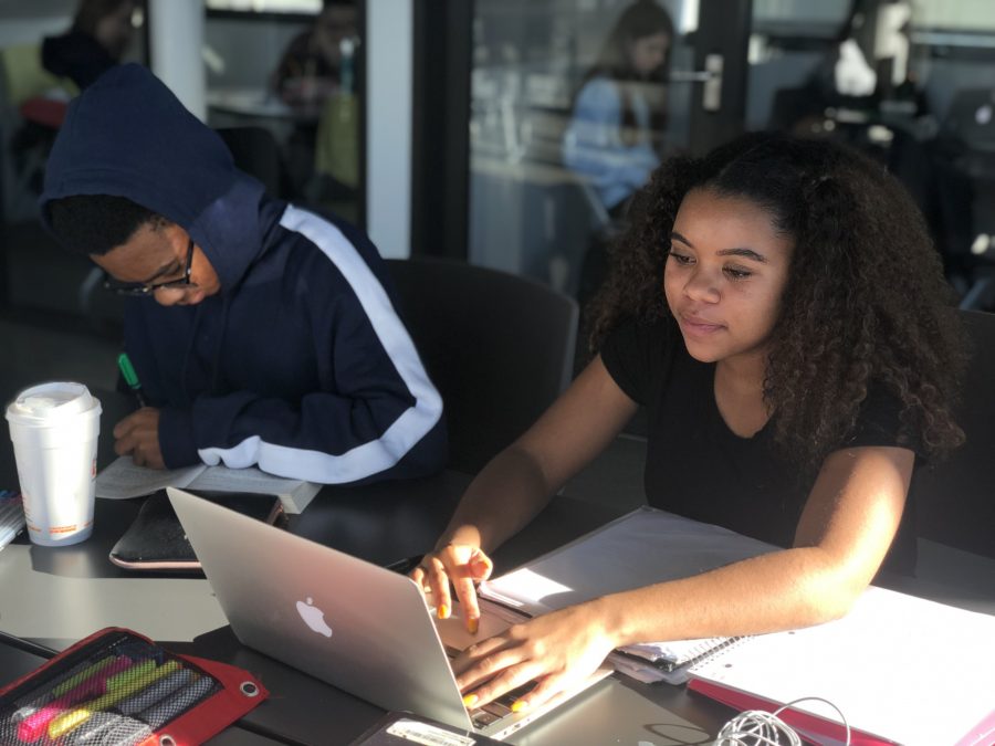 Miles Best ’20 and Sade Latinwo ’20 working on their English project. Photo by Sita Alomran ’19.
