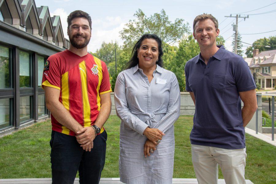 (L-R) Middle School Math and Science teacher Jared Smith, Middle and Upper School Spanish teacher Claudia Romero, Middle and Upper School History teacher Parker Curtis pose for a photo during their first faculty work day in August. Photo by Nicole DeCesare.