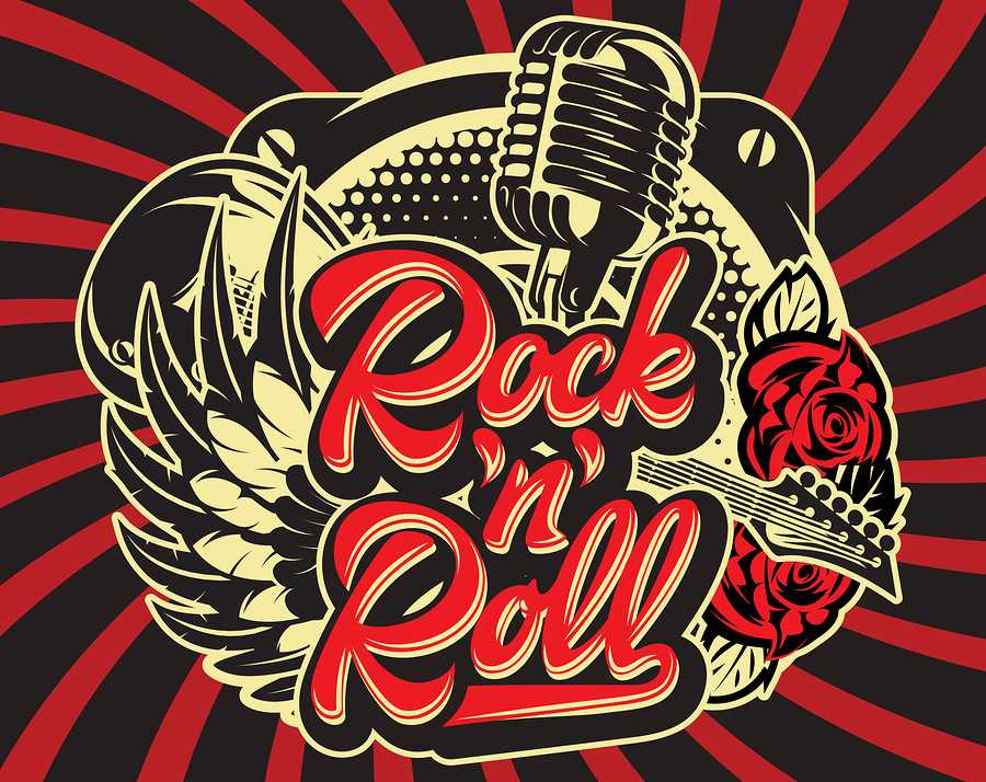 Stylish vector template for printing on the theme of rock music with a calligraphic inscription rock n roll.