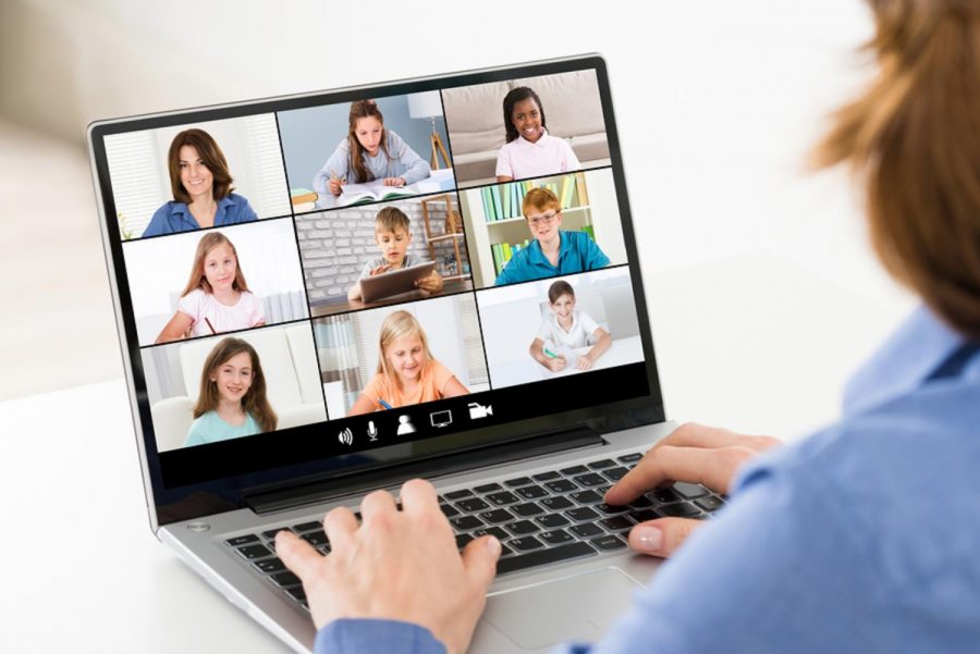 Teacher hosting online class using video conference. Purchased from BigStock.com.