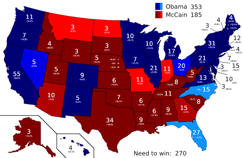 2008 US Electoral College Polling Map. Image courtesy of Wikimedia Commons.