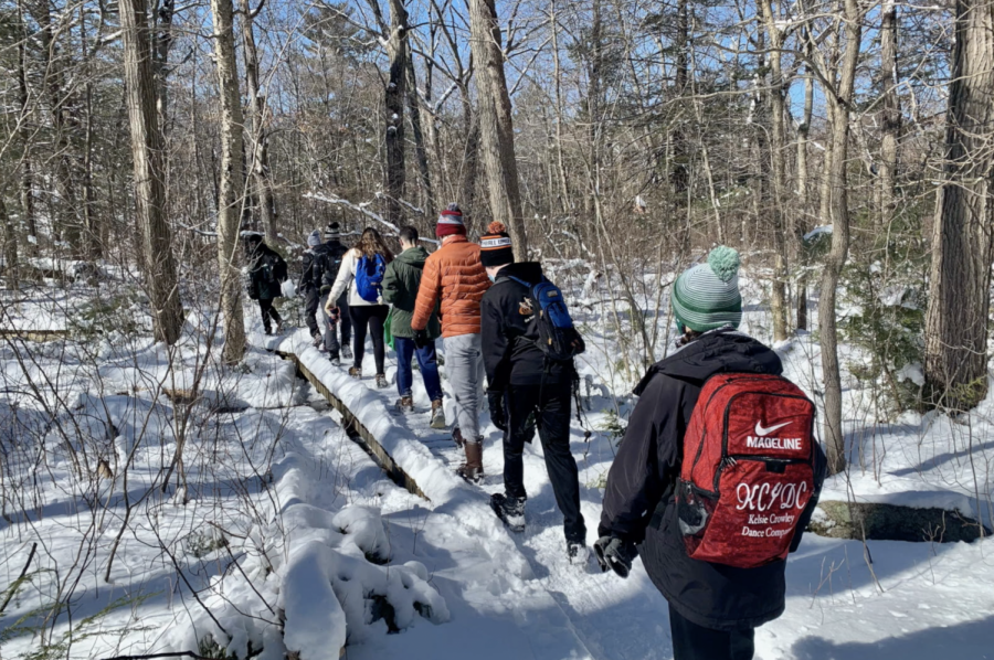 A dozen student hiked Lynn Woods Reservation hiked Lynn Woods Reservation Sunday. 