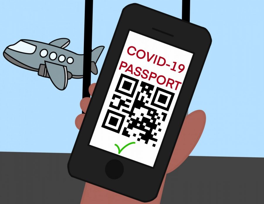 Vaccine passports may be required for air travel. Digital illustration by Karly Hamilton '21. 
