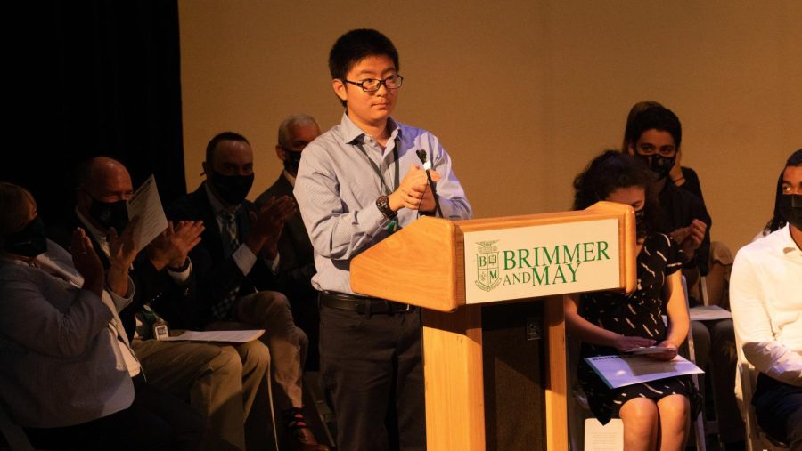 Leo Liu ’26, President of the Middle School Senate, speaks at Opening Convocation last September.