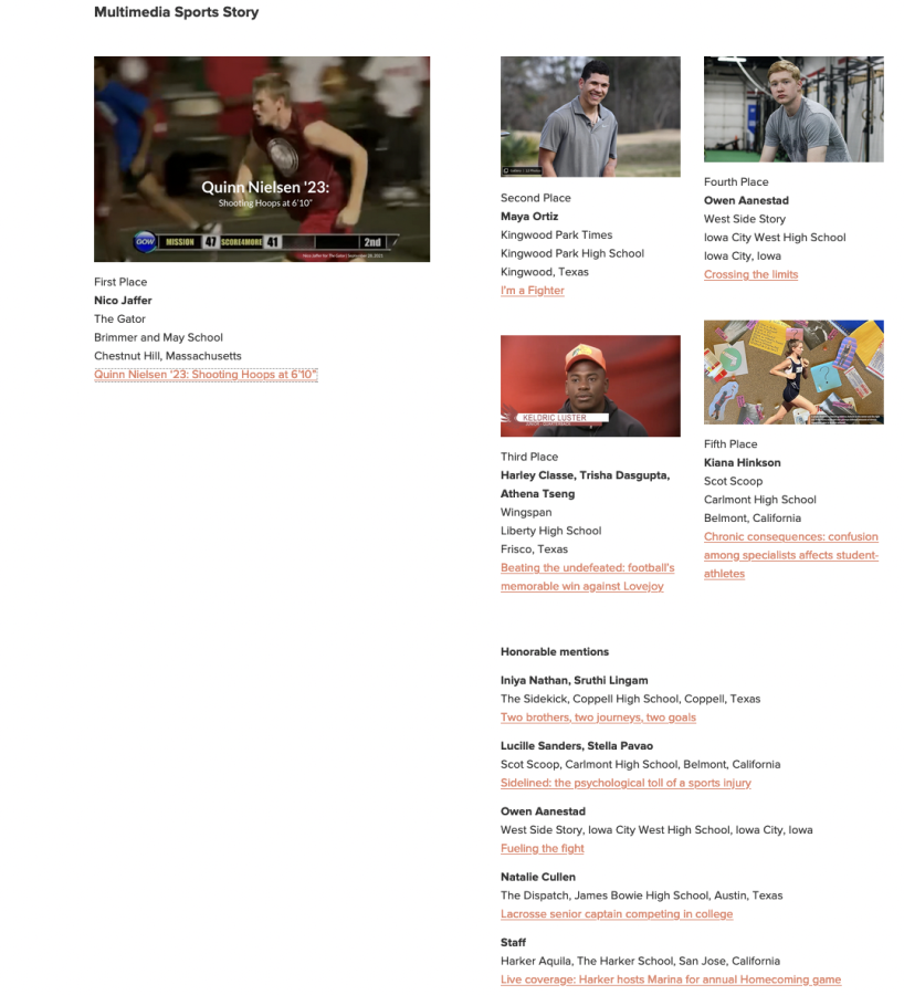 A screenshot of Nicos win, along with his fellow nominees for best Multimedia Sports Story of the Year. 