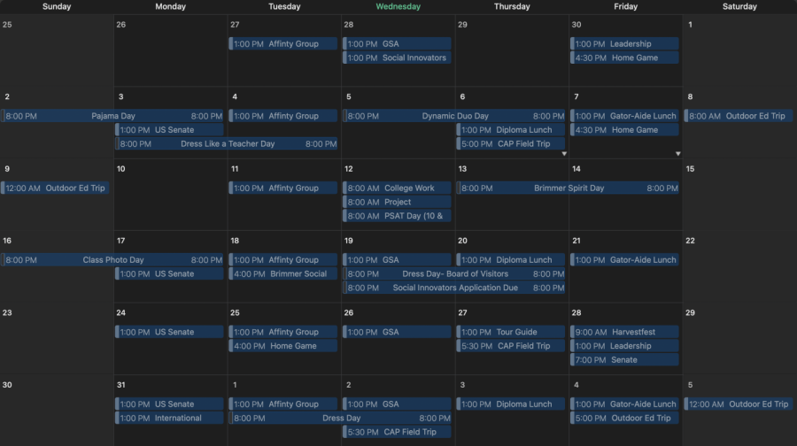 A screenshot of the Student Life Calendar last month.