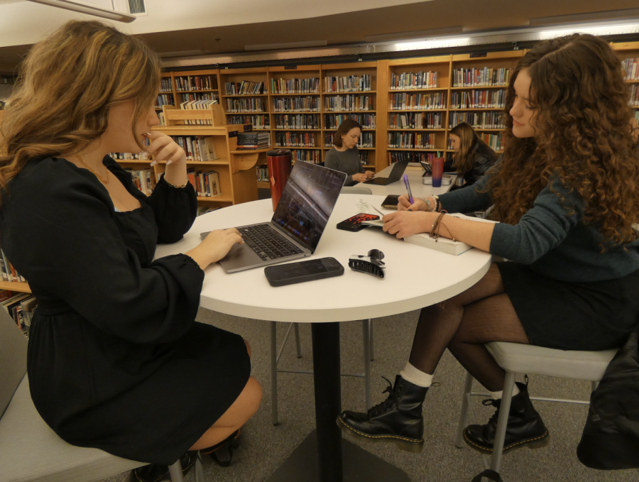 Abigail Jacobs 25 and Mae Gordon 25 work in the library.