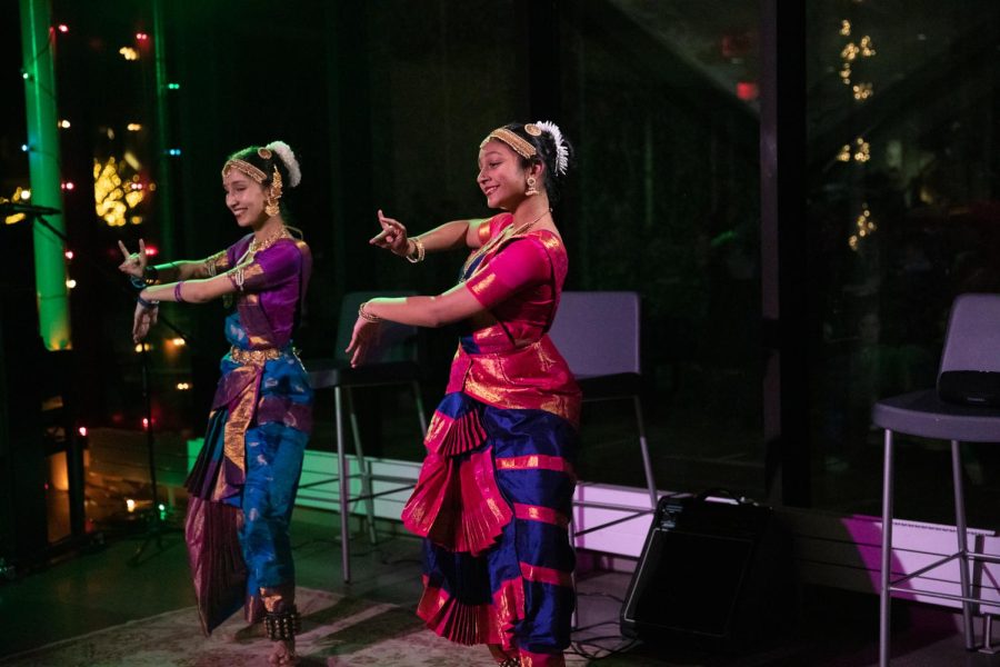 Maya Lownie '24 and Haripriya Mallidi '23 perform a traditional Indian dance. 