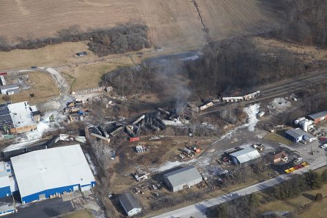 Aerial view of the train derailment in East Palestine that took place on February 3. Photo taken by the National Transportation Safety Board, courtesy of Wikimedia Commons. 