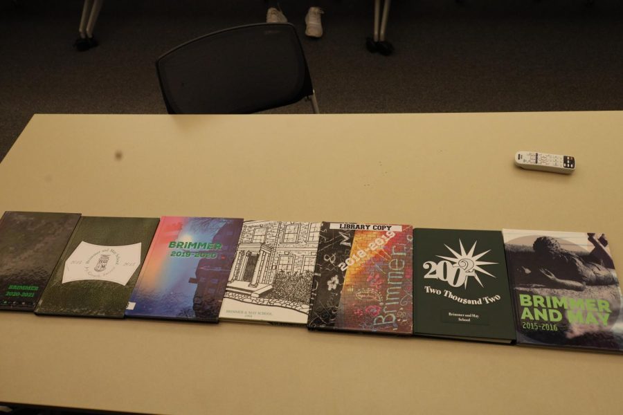 A display of past yearbooks supplied by the School.  