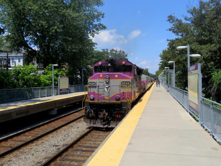 The Fairmount Line commuter rail train, pulling into Talbot Avenue Station. 