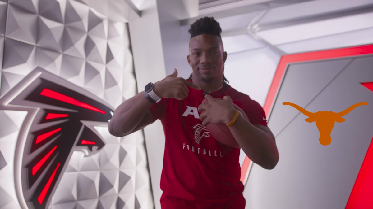 Atlanta Falcons running back Bijan Robinson poses for a promotional video after being drafted in the 2023 NFL Draft with the Texas Longhorns logo superposed in the background. Design by Evan Michaeli. Photos Courtesy of Wikimedia Commons. 
