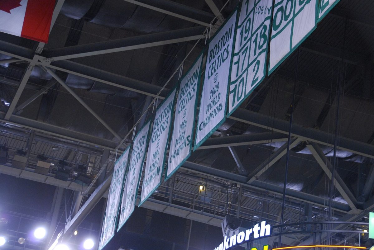 Championship banners hanger from TD Gardens roof. 