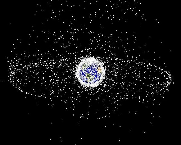 Space debris objects in orbit around Earth created by man that no longer function. 