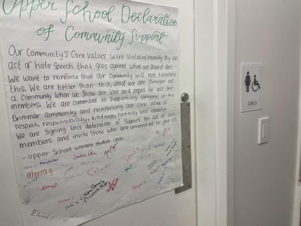 History Department Chair Kelly Neelys Womens Studies Class wrote an Upper School Declaration of Community Support, adorning the outside of the girls bathroom where the racist message was found. 