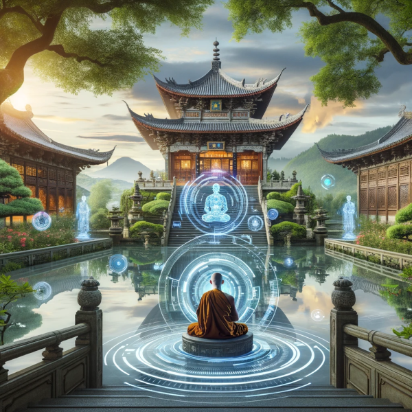 Here is the image depicting a serene and historical Shaolin Temple setting, where traditional Zen elements blend with futuristic AI technology.