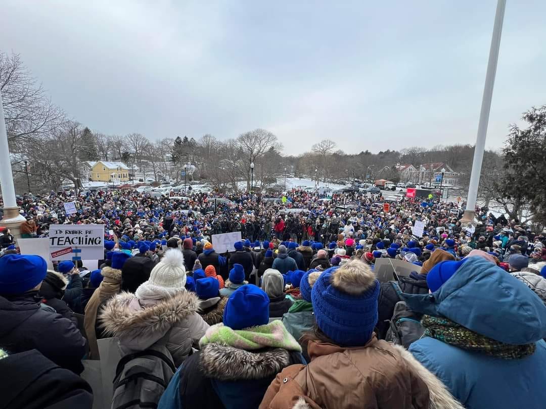 A sea of educators and supporters of the strike demonstrate in front of City Hall on Saturday. Photo courtesy of the Newton Teachers Association. 