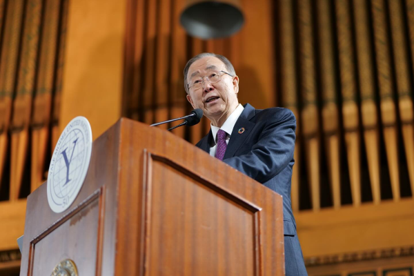 Former United Nations Secretary General Ban Ki-moon delivers a speech at the opening ceremony. 