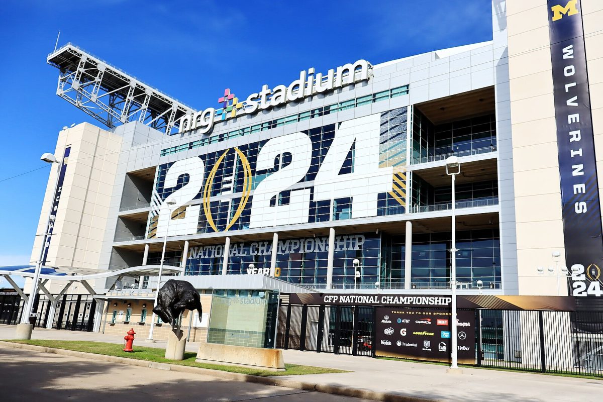 Outside of NRG Stadium in Houston, the site of the 2024 College Football Championship. 