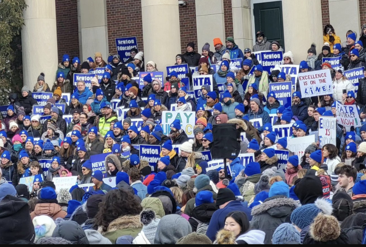 Newton teachers and supporters rally in front of City Hall, demanding a fair contract. Hundreds showed each day of the strike. 