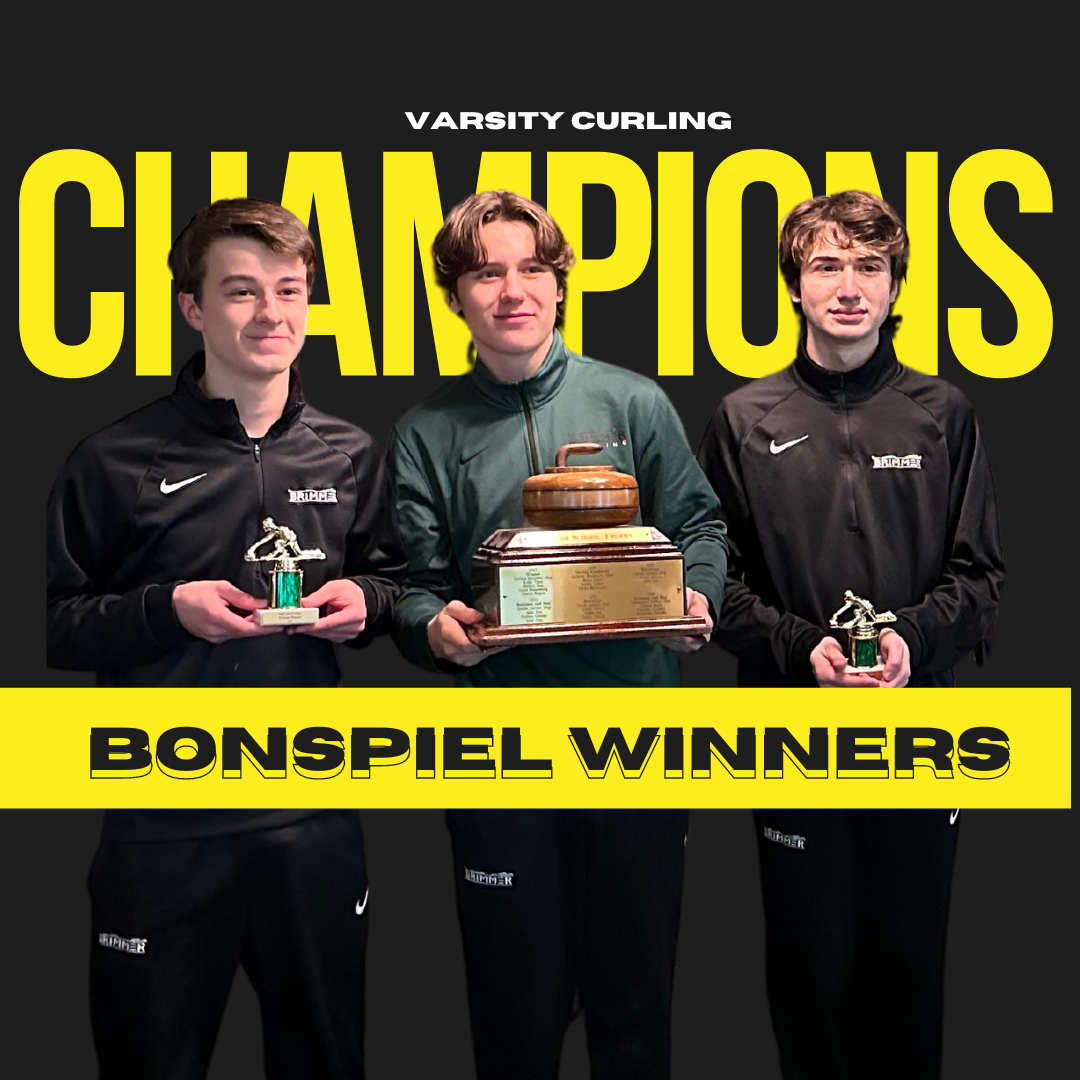 Edward Flint 26 (L) and Jimmy Wright 27 (R) hold individual champion trophies. Noah Panto 25 holds the overall bonspiel trophy. Designed with Canva.  