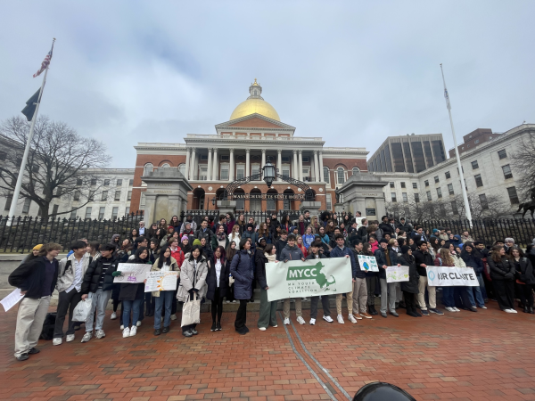 Members of the Massachusetts Youth Climate Coalition rally outside the Massachusetts State House during their lobby week in January 2024. The coalition, made up of several organizations in the state, including the Schools environmental club, wrote a climate education bill currently in the Ways and Means Committee.