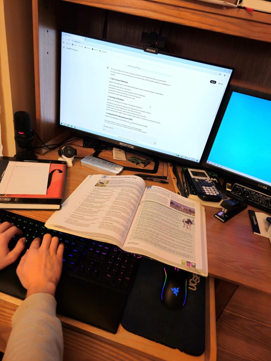 A photo illustration of a student who uses ChatGPT to study. 