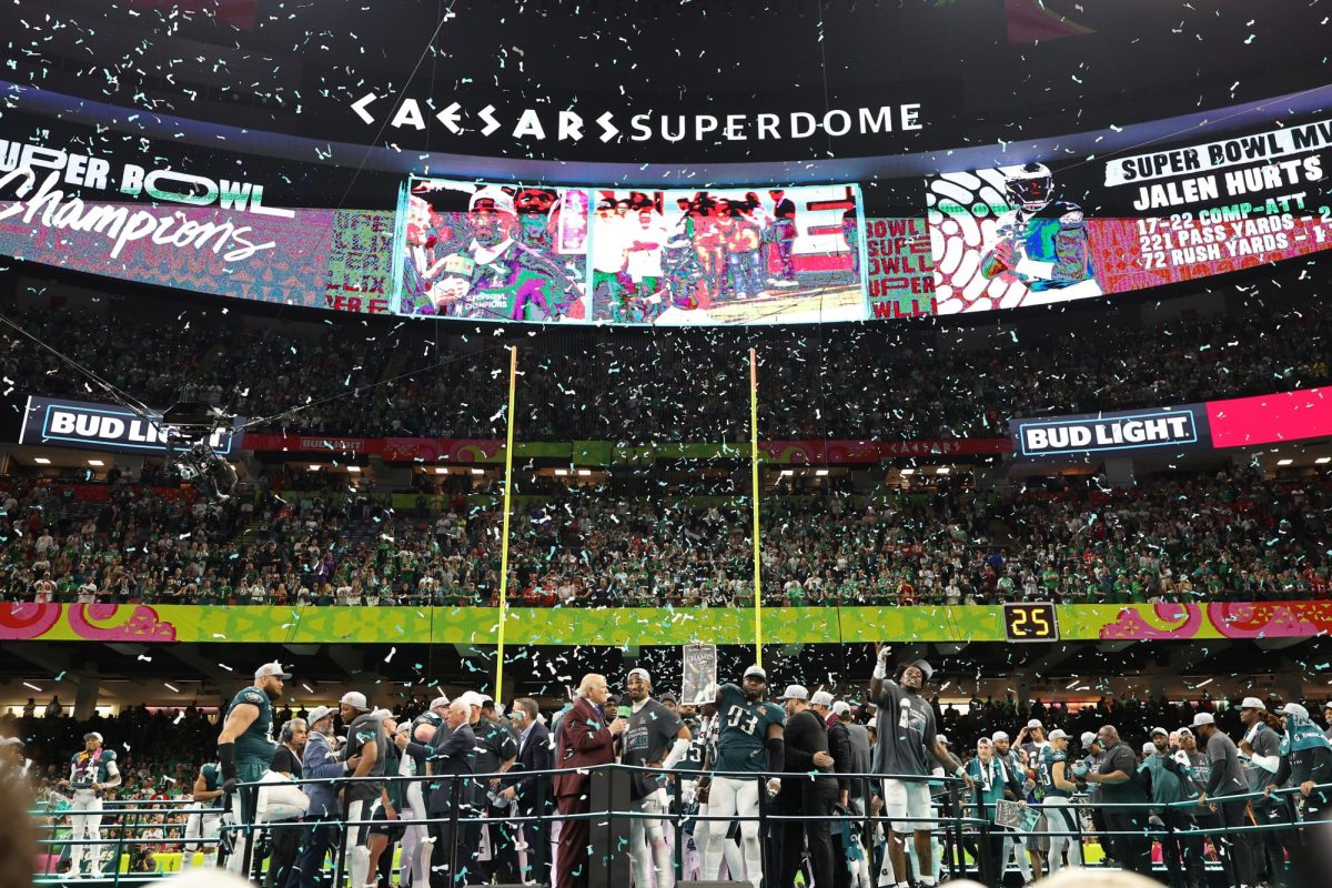 Feb 9, 2025; New Orleans, LA, USA; Fox sports presenter Terry Bradshaw (L) interviews Philadelphia Eagles quarterback Jalen Hurts (R) during the championship trophy presentation after the Eagles' game against the Kansas City Chiefs in Super Bowl LIX at Caesars Superdome. Mandatory Credit: Geoff Burke-Imagn Images