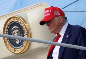 U.S. President Donald Trump steps from Air Force One upon arrival in West Palm Beach, Florida, U.S., February 16, 2025. REUTERS/Kevin Lamarque